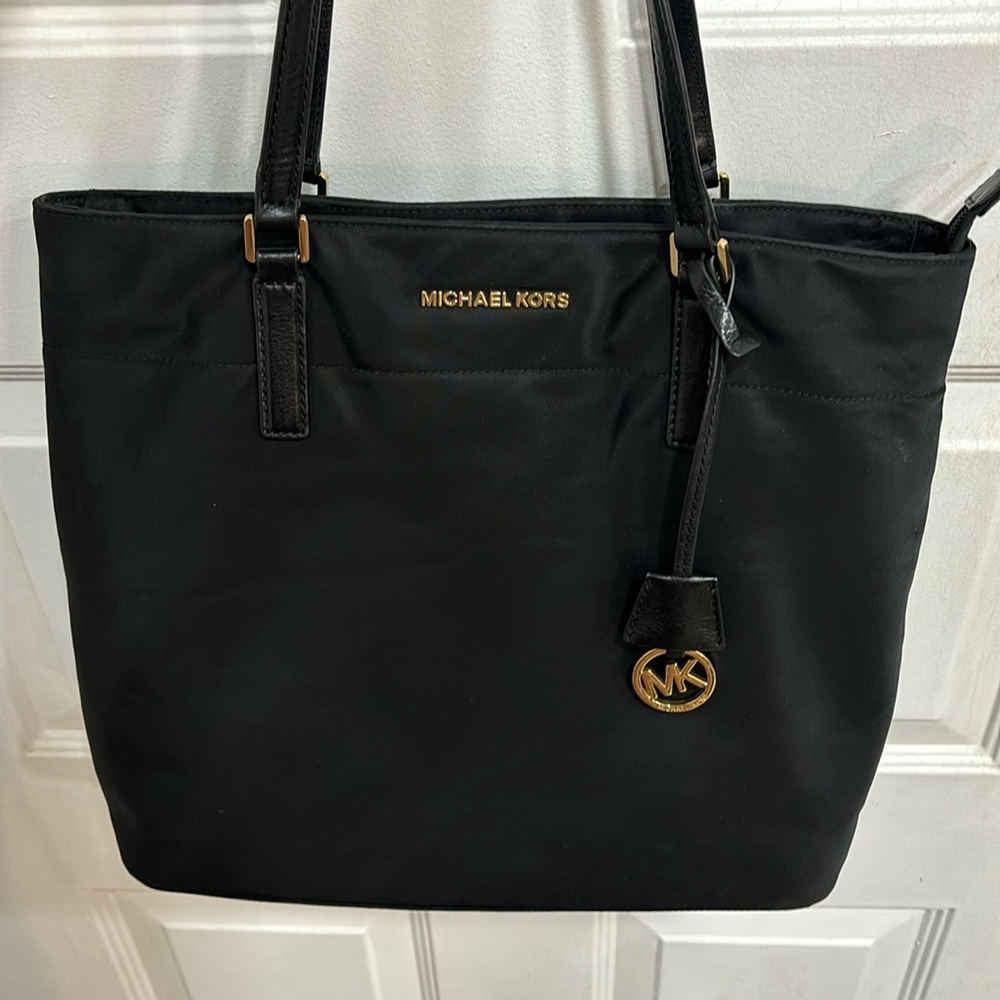Michael Kors Black Nylon Tote with Gold MK Charm